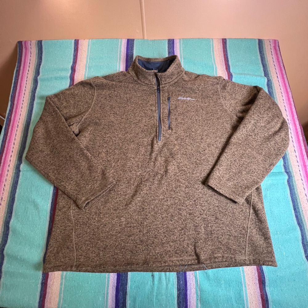 Eddie Bauer Pullover Mens T2XL Brown Marl Quarter Zip Fleece Sweater Pocket